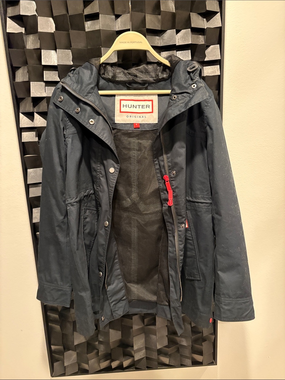 Hunter Navy Hooded Trench Coat with Red Zip Detail